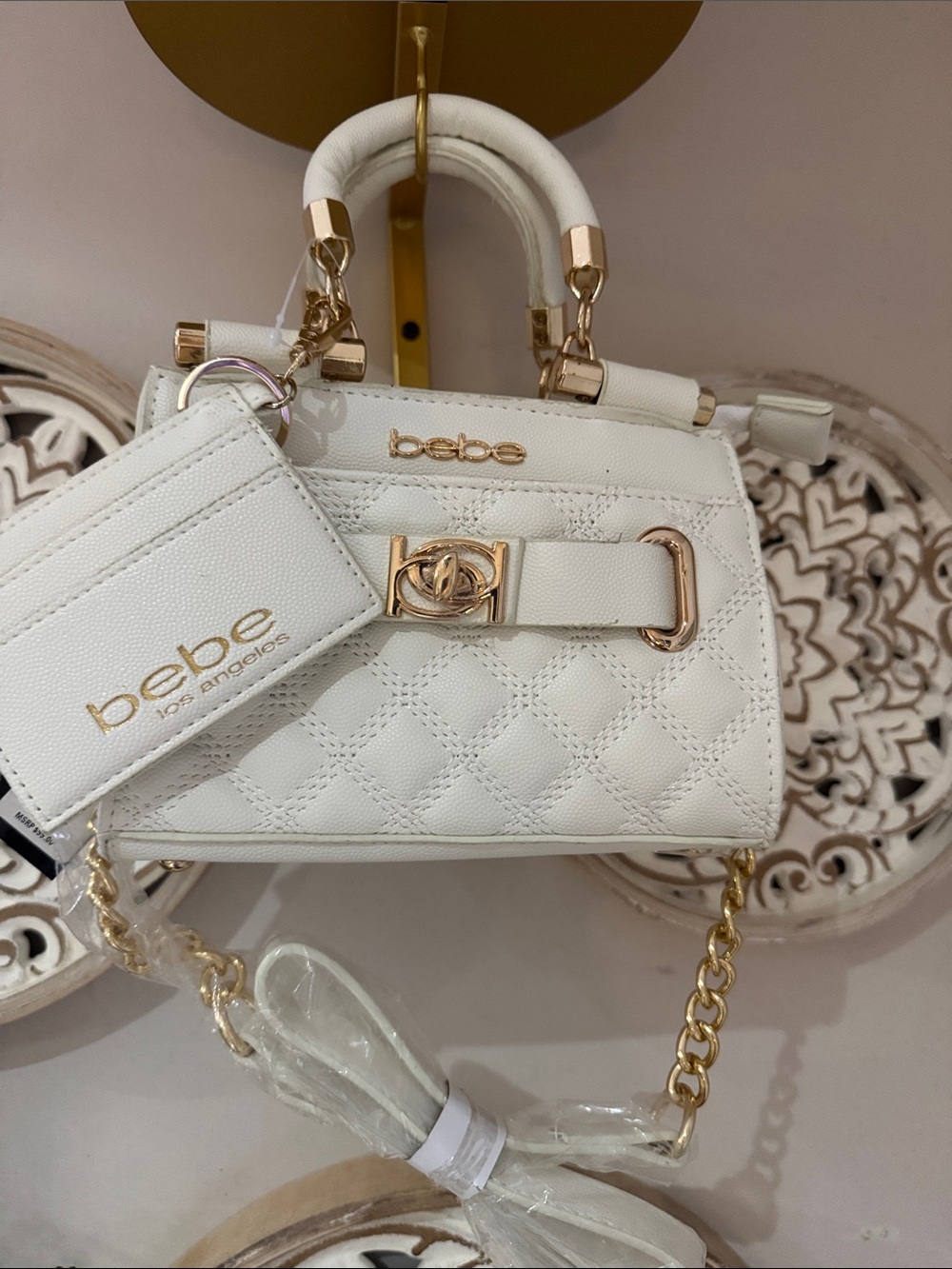 bebe White Quilted Mini Satchel with Gold Accents